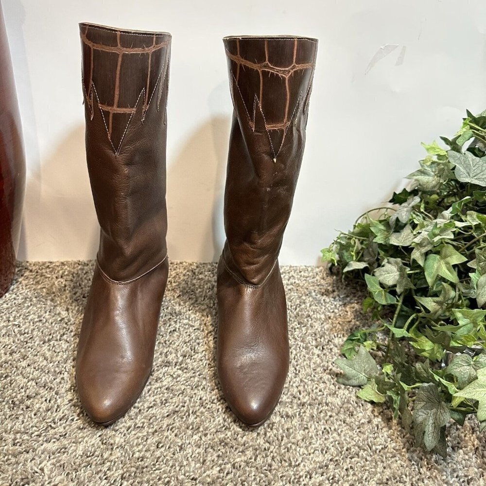 Capezio Vintage Knee High Cowboy Western Boots Size 5 Made In USA Brown Leather - Picture 1 of 11